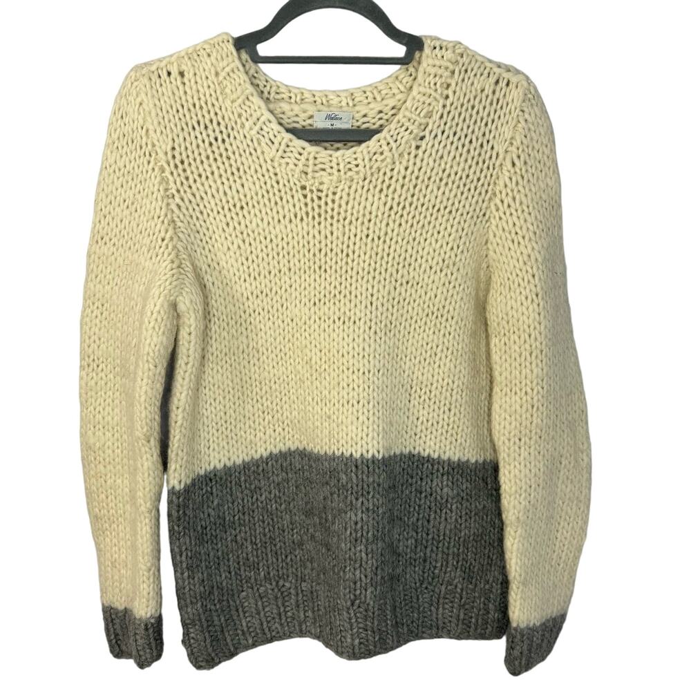 Wallace Women's Chunky Knit Colorblock Sweater Cream Gray Wool Nylon Medium